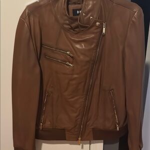 DKNY Tan Leather Moto Jacket